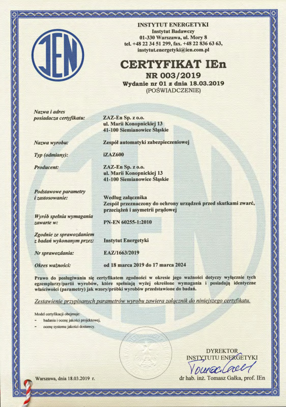 Certificate iZAZ600